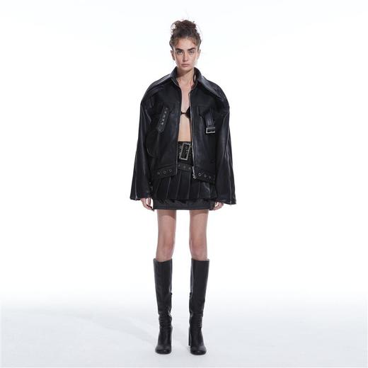 NUTH X 24ANS 联名系列 黑色设计感宽松皮衣外套/修身百搭短皮裙 商品图0