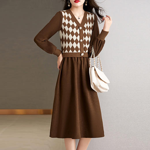 设计感菱格小香风，假两件针织毛衣裙子HR-WXS1269 商品图0