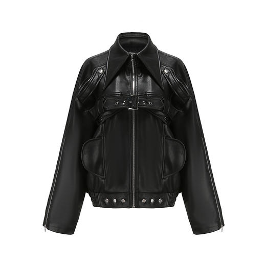 NUTH X 24ANS 联名系列 黑色设计感宽松皮衣外套/修身百搭短皮裙 商品图4