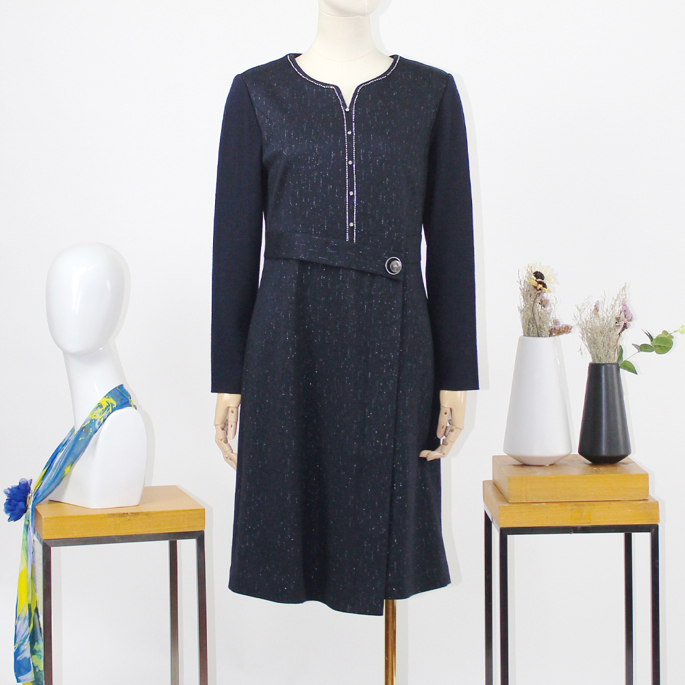 FOCALS福柯斯新款修身通勤圆领长袖羊毛中长款连衣裙F2Y3X633B3