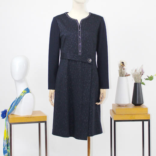 FOCALS福柯斯新款修身通勤圆领长袖羊毛中长款连衣裙F2Y3X633B3 商品图0