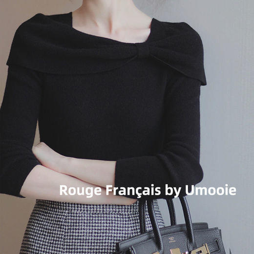 RHFS219 时尚气质方领长袖蝴蝶结不规则针织打底衫 商品图2