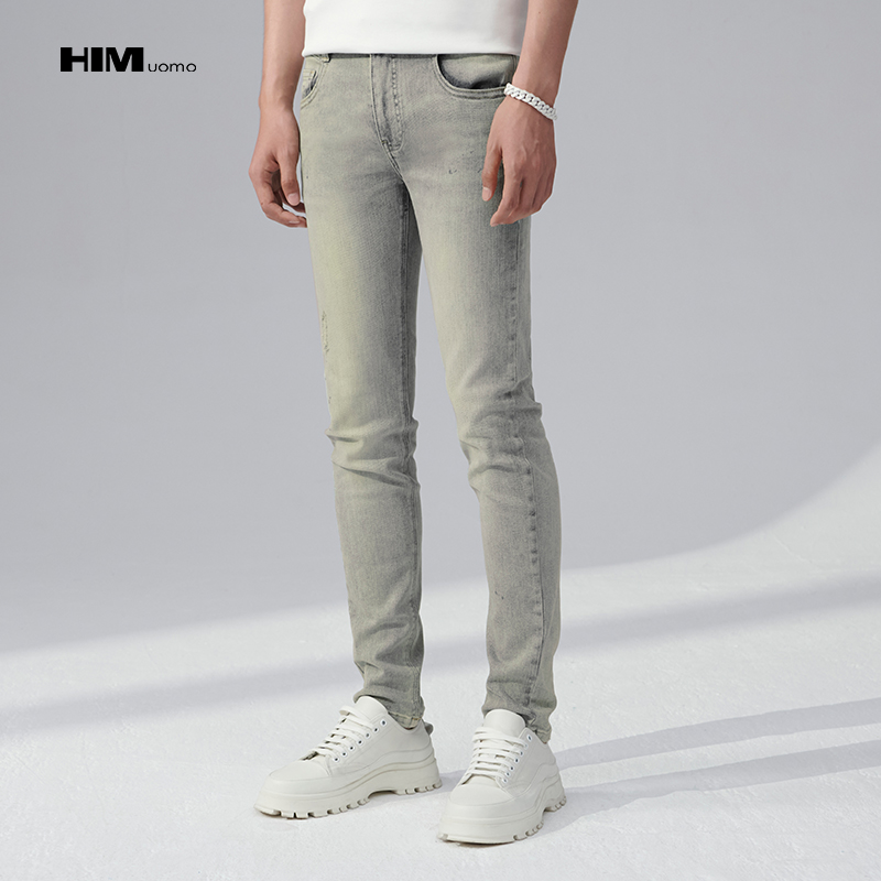 HIM漢崇 耐磨微弹牛仔裤男潮流割破泼墨洗水小脚休闲裤 2025秋季