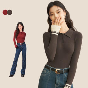 西遇POLO领针织衫女新款设计感小众红色短款毛衣上衣D1921591