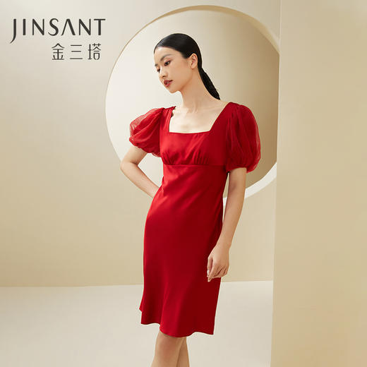 金三塔19姆米重磅100%桑蚕丝女士真丝红色婚庆复古睡裙家居服新品  YSFDA301 商品图0