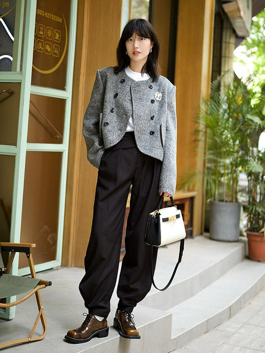 Self Who桑蚕丝羊毛双面毛呢子短外套女防寒保暖宽松轻奢2022冬 商品图3