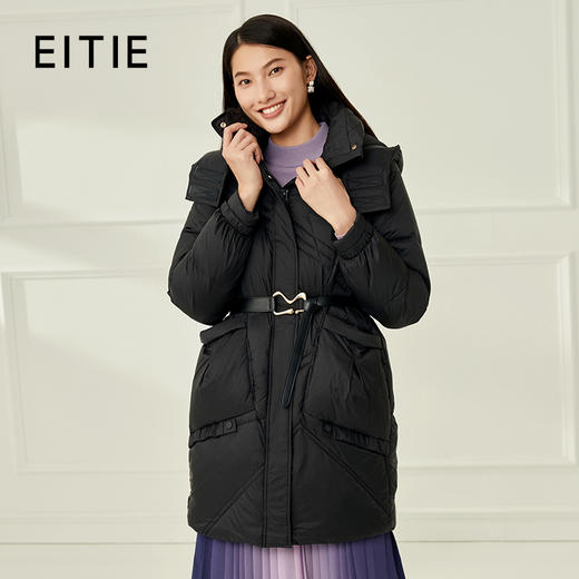 EITIE爱特爱冬季新款白鸭绒连帽百搭纯色女中长款羽绒服6811516 商品图0