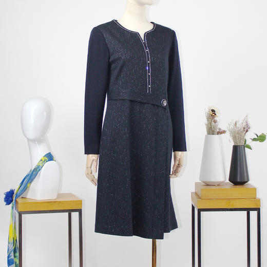 FOCALS福柯斯新款修身通勤圆领长袖羊毛中长款连衣裙F2Y3X633B3 商品图1