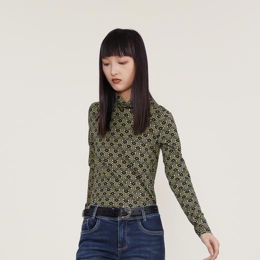 谜底2022冬季新款复古印花高领T恤女紧身打底上衣长袖224MT1664 商品图3