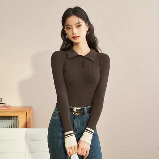 西遇POLO领针织衫女新款设计感小众红色短款毛衣上衣D1921591 商品图1