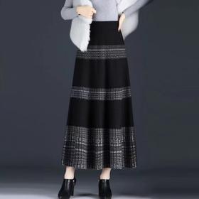 MZ12008针织格子半身裙女秋冬新款高腰中长款a字裙加厚显瘦大摆裙长裙潮