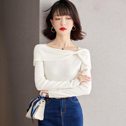 RHFS219 时尚气质方领长袖蝴蝶结不规则针织打底衫 商品图1