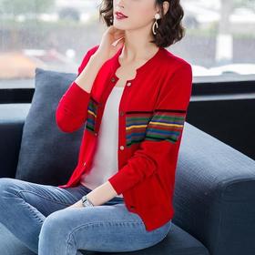 拼色针织开衫大码加厚条纹外搭针织外套