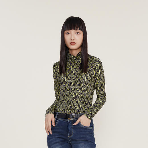 谜底2022冬季新款复古印花高领T恤女紧身打底上衣长袖224MT1664 商品图0
