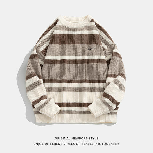 【春节不打烊】「两款配色！撞色条纹毛衣」韩路日系男装 男2022秋冬款复古粗针宽松潮流针织衫上衣 商品图4