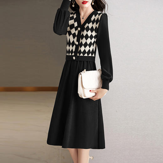 设计感菱格小香风，假两件针织毛衣裙子HR-WXS1269 商品图1