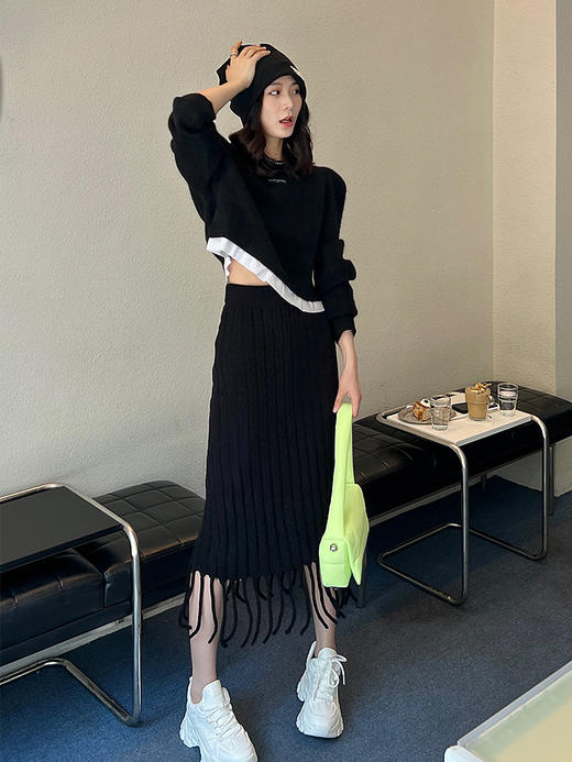 Self Who优雅中长款流苏半身裙高腰修身黑色裙子女2022新品女 商品图3