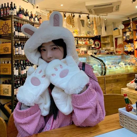 可爱兔子耳朵帽子围巾连体女冬季毛绒小熊围脖冬天保暖手套三合一nct16 商品图1