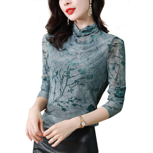 网纱植绒打底衫女，秋季新款半高领长袖洋气修身内搭t恤上衣KQL-8258 商品图4