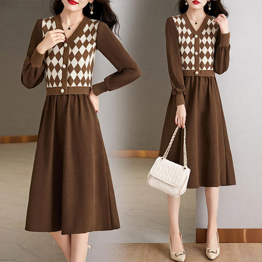 设计感菱格小香风，假两件针织毛衣裙子HR-WXS1269 商品图3