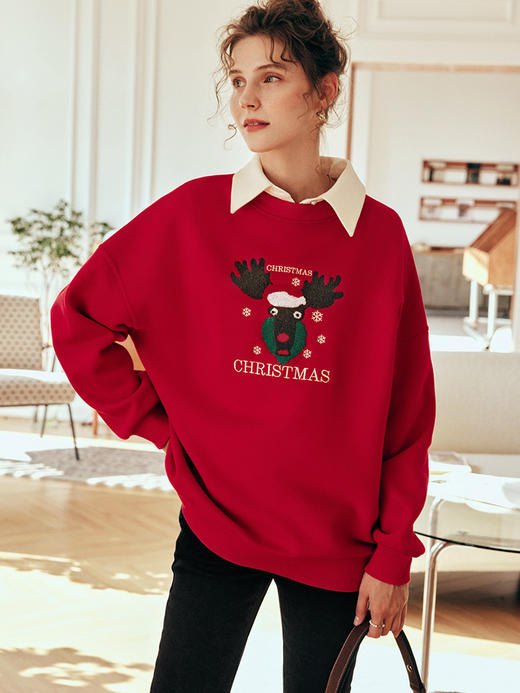 OLrain欧芮儿法式红色加绒卫衣女冬季2025新款宽松慵懒风套头上衣 商品图3