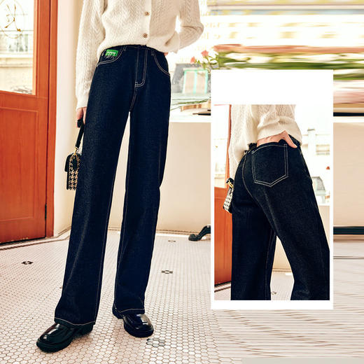 OLrain欧芮儿法式黑色牛仔裤女秋季2025年新款高腰直筒阔腿拖地裤 商品图3