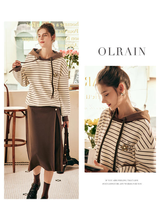 OLrain欧芮儿法式条纹连帽加绒卫衣女秋冬2022年新款复古撞色上衣 商品图0