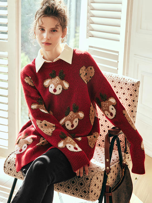 OLrain欧芮儿法式红色毛衣女冬季2023新款宽松趣味圣诞毛绒针织衫 商品图3