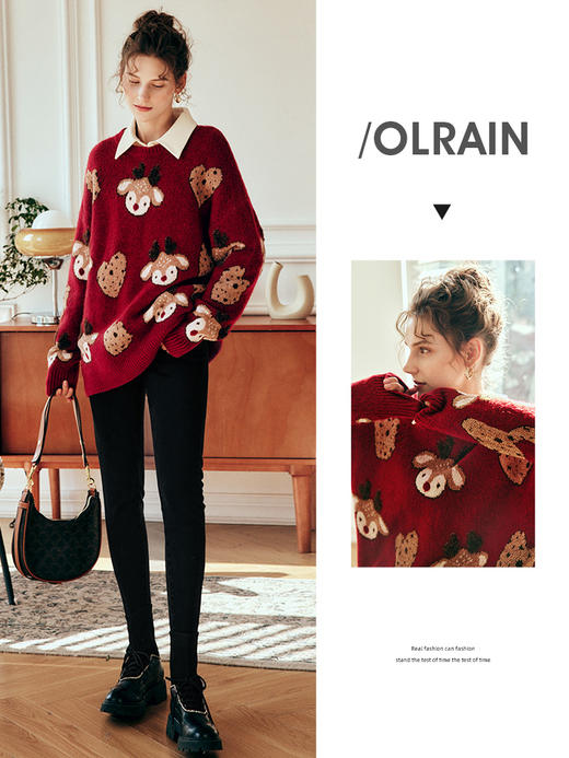 OLrain欧芮儿法式红色毛衣女冬季2023新款宽松趣味圣诞毛绒针织衫 商品图0