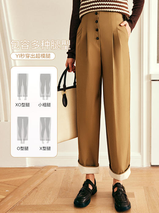 OLrain欧芮儿法式卡其色休闲裤女秋冬2022新款高腰阔腿卷边西装裤 商品图1