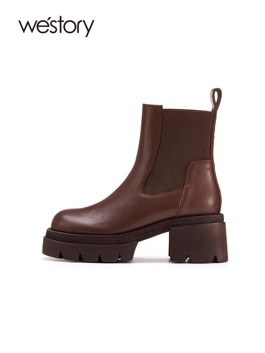 westory2022新款秋冬松紧圆头厚底切尔西靴女粗跟拼接短靴82151 商品图2