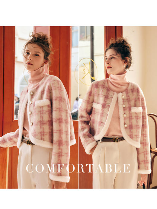 OLrain欧芮儿法式粉色毛呢外套女秋冬2022年新款皮毛一体短款大衣 商品图3