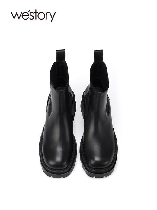 westory2022新款秋冬松紧圆头厚底切尔西靴女粗跟拼接短靴82151 商品图3
