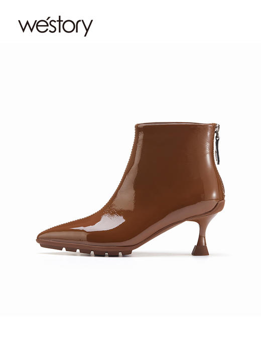 westory2022年新款尖头细高跟时髦瘦瘦靴真皮亮面时装靴82011 商品图2