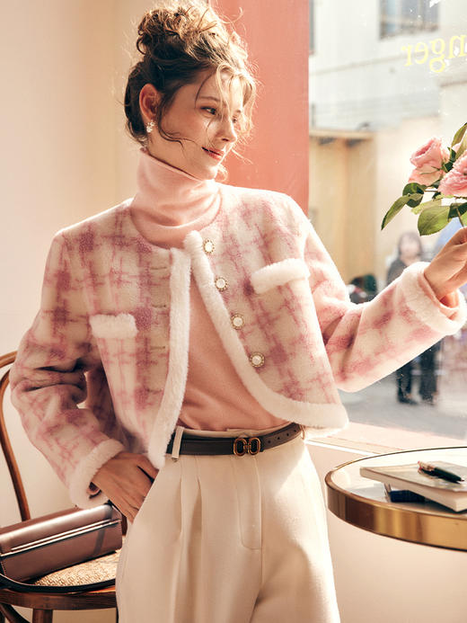 OLrain欧芮儿法式粉色毛呢外套女秋冬2022年新款皮毛一体短款大衣 商品图1