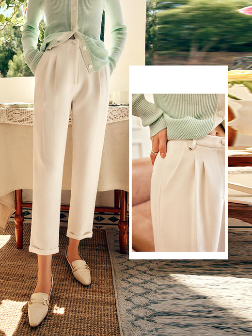 OLrain欧芮儿法式杏色休闲裤女秋季2022年新款高腰直筒翻边西装裤 商品图3