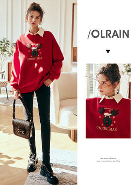 OLrain欧芮儿法式红色加绒卫衣女冬季2025新款宽松慵懒风套头上衣