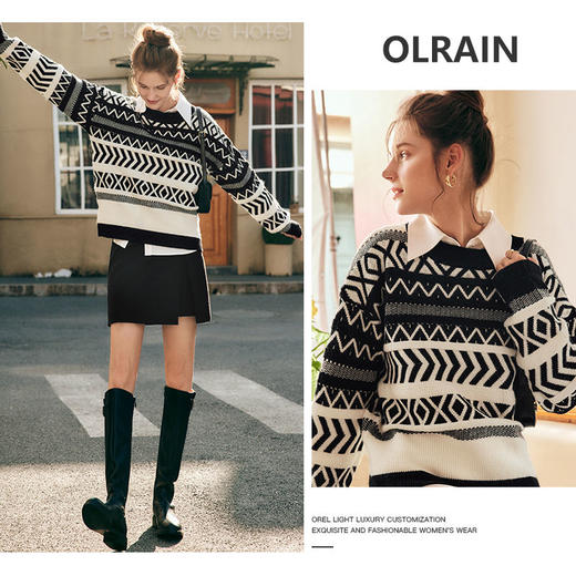 OLrain欧芮儿法式黑白色毛衣女秋冬2022新款宽松慵懒复古针织上衣 商品图0