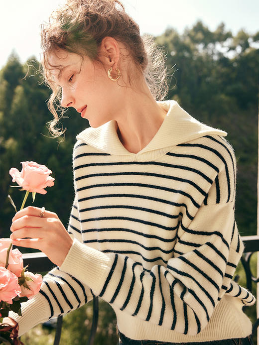OLrain欧芮儿法式条纹翻领毛衣女秋冬2022年新款撞色加厚针织上衣 商品图1