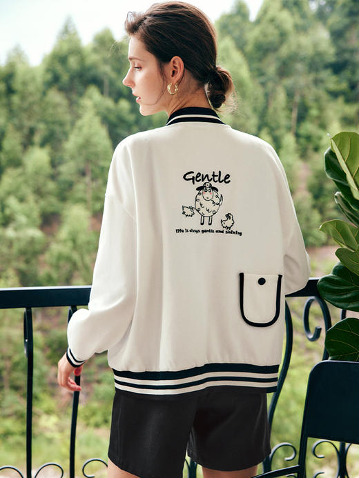 OLrain欧芮儿法式撞色针织短外套女秋季2022年新款宽松刺绣棒球服 商品图0