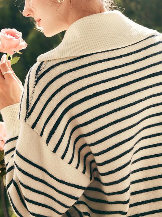 OLrain欧芮儿法式条纹翻领毛衣女秋冬2022年新款撞色加厚针织上衣 商品图2
