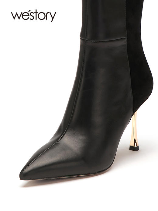 westory2022秋冬新款金属v口长筒粗腿真皮拼接细高跟长靴82651 商品图2