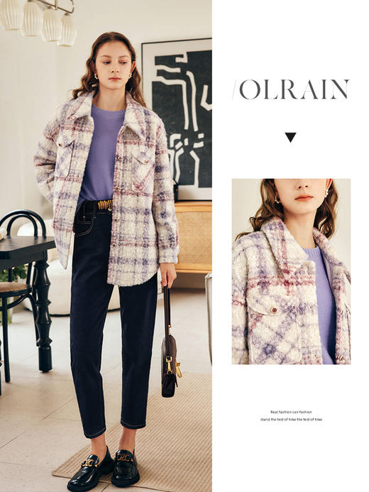OLrain欧芮儿法式格子毛呢外套女秋冬2023新款减龄衬衣式呢子大衣 商品图0