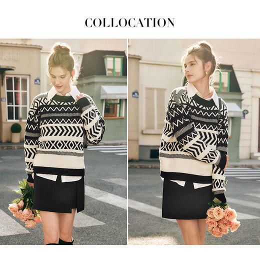OLrain欧芮儿法式黑白色毛衣女秋冬2022新款宽松慵懒复古针织上衣 商品图3