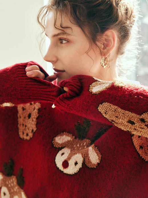 OLrain欧芮儿法式红色毛衣女冬季2023新款宽松趣味圣诞毛绒针织衫 商品图2