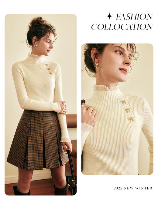 OLrain欧芮儿法式半高领套头毛衣女秋冬2022新款修身拼接针织上衣 商品图0
