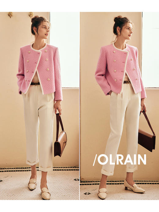 OLrain欧芮儿法式小香风短外套女冬季2025新款粉色粗花呢甜美开衫 商品图1
