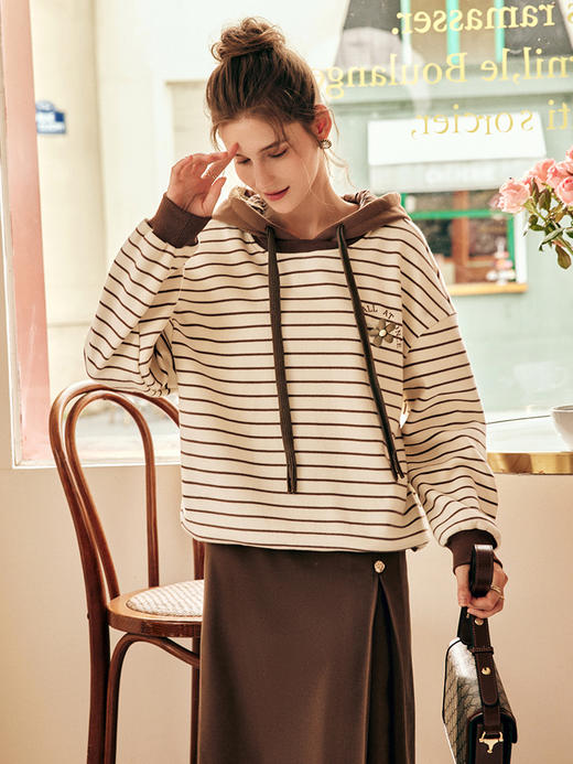 OLrain欧芮儿法式条纹连帽加绒卫衣女秋冬2022年新款复古撞色上衣 商品图3