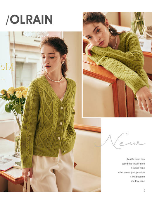 OLrain欧芮儿法式绿色毛衣外套女秋冬2022新款复古奶奶风针织开衫 商品图0