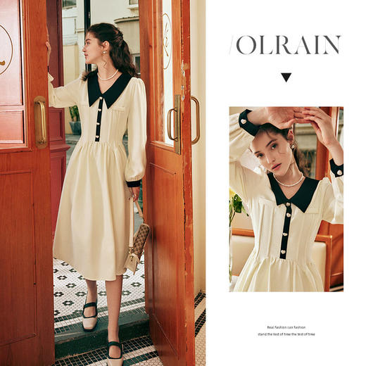 OLrain欧芮儿法式小香风连衣裙女秋冬2022新款收腰菱格翻领撞色裙 商品图0
